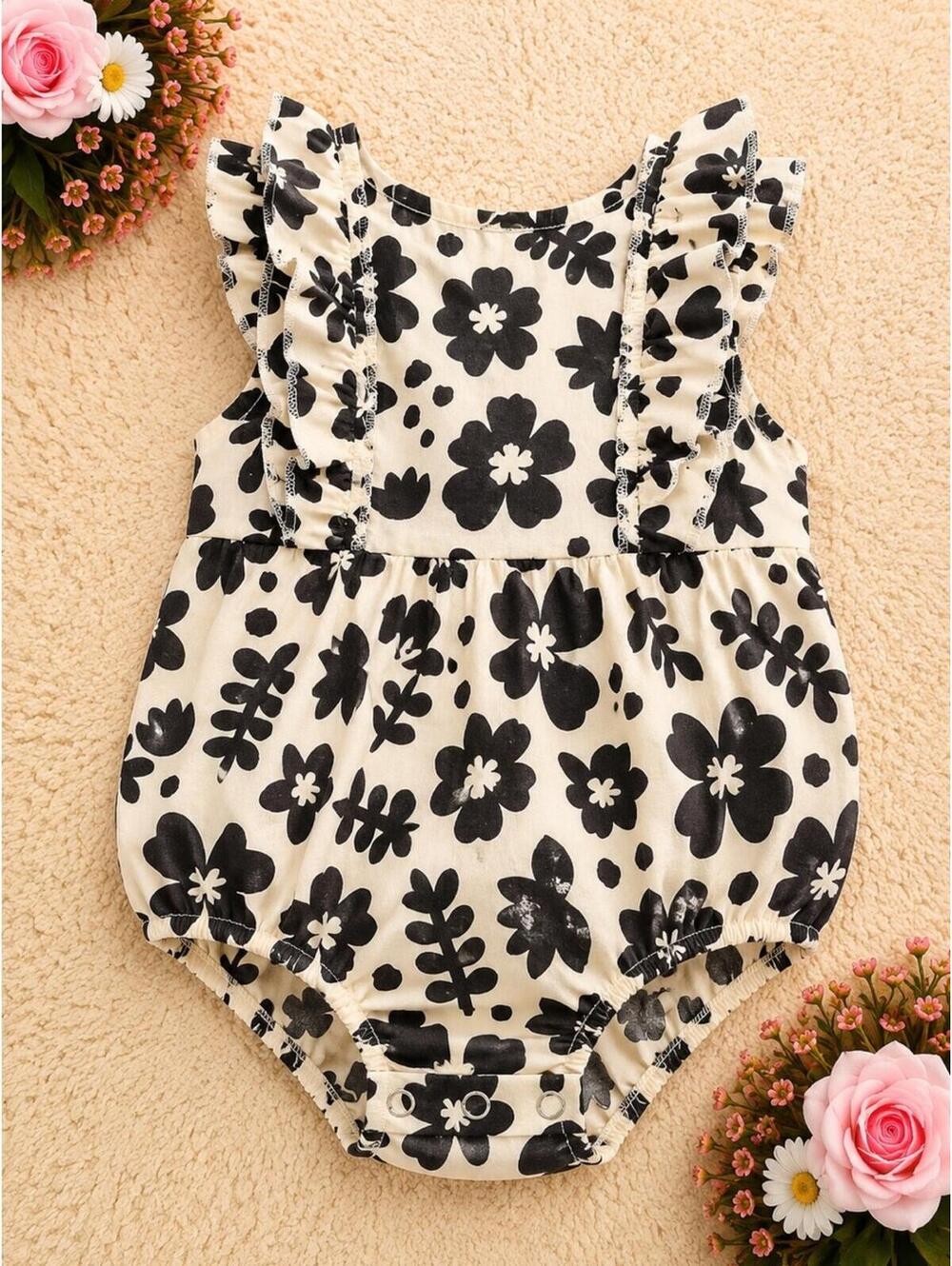 H&M Cream and Black Floral Ruffle One-Piece